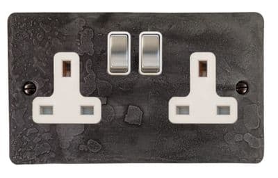 G&H FRP210 Flat Plate Rustic Pewter 2 Gang Double 13A Switched Plug Socket