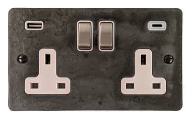 G&H FRP2911 Flat Plate Rustic Pewter 2 Gang Double 13A Plug Socket 3.1A USB A + C