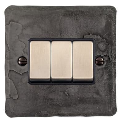 G&H FRP303-SC Flat Plate Rustic Pewter 3 Gang 1 or 2 Way Rocker Light Switch