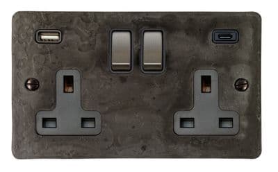 G&H FRP3911-SC Flat Plate Rustic Pewter 2 Gang Double 13A Plug Socket 3.1A USB A + C