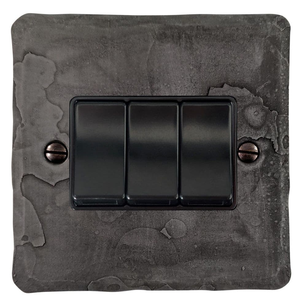 G&H FRP3B Flat Plate Rustic Pewter 3 Gang 1 or 2 Way Rocker Light Switch
