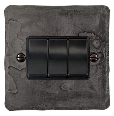 G&H FRP3B Flat Plate Rustic Pewter 3 Gang 1 or 2 Way Rocker Light Switch