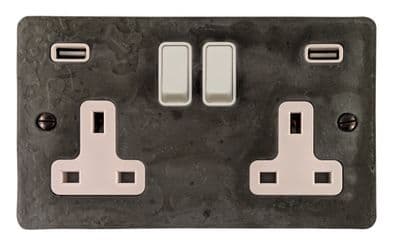 G&H FRP910W Flat Plate Rustic Pewter 2 Gang Double 13A Switched Plug Socket 2.1A USB