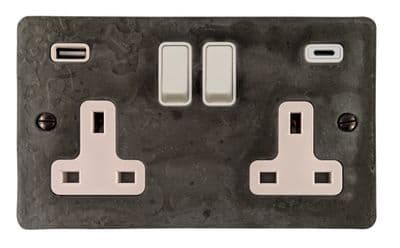 G&H FRP911W Flat Plate Rustic Pewter 2 Gang Double 13A Plug Socket 3.1A USB A + C