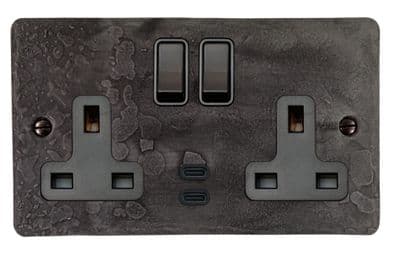 G&H FRP913B Flat Plate Rustic Pewter 2 Gang Double 13A Plug Socket Dual 4.2A USB C