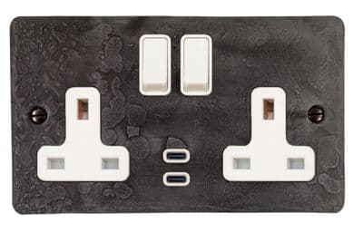 G&H FRP913W Flat Plate Rustic Pewter 2 Gang Double 13A Plug Socket Dual 4.2A USB C