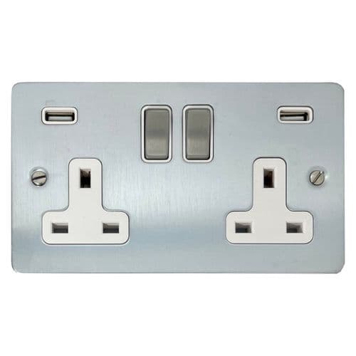 G&H FSC2910 Flat Plate Satin Chrome 2 Gang Double 13A Switched Plug Socket 2.1A USB