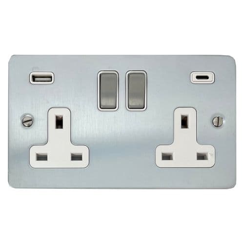 G&H FSC2911 Flat Plate Satin Chrome 2 Gang Double 13A Plug Socket 3.1A USB A + C