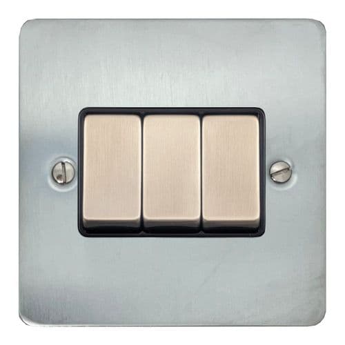 G&H FSC303 Flat Plate Satin Chrome 3 Gang 1 or 2 Way Rocker Light Switch