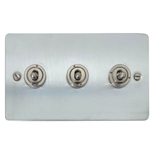 G&H FSC383-SS Flat Plate Satin Chrome 3 Gang 1 or 2 Way Rocker Light Switch