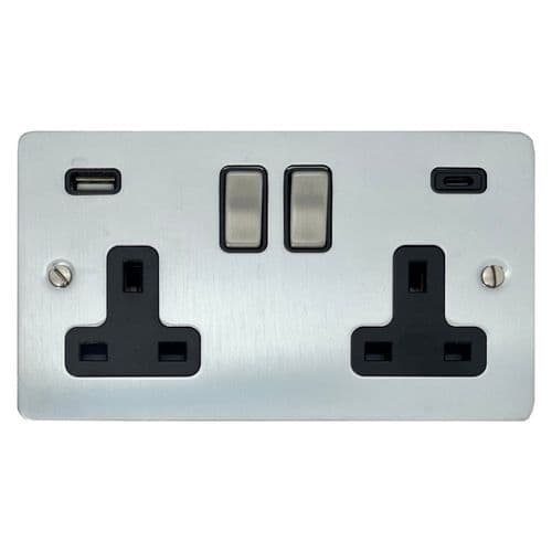 G&H FSC3911 Flat Plate Satin Chrome 2 Gang Double 13A Plug Socket 3.1A USB A + C