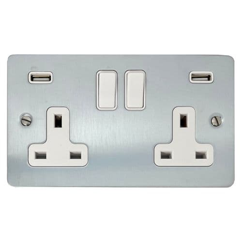 G&H FSC910W Flat Plate Satin Chrome 2 Gang Double 13A Switched Plug Socket 2.1A USB