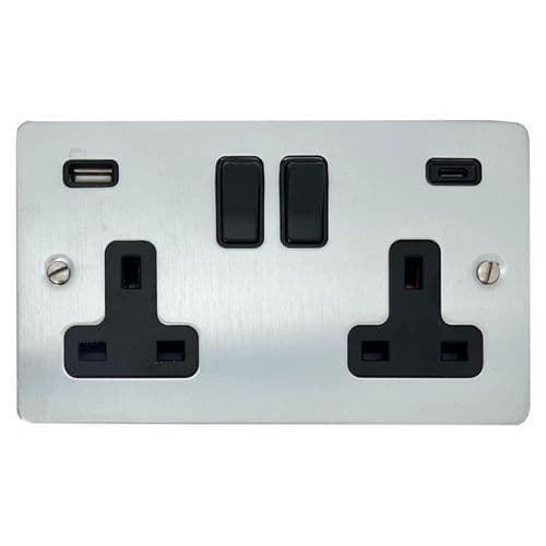 G&H FSC911B Flat Plate Satin Chrome 2 Gang Double 13A Plug Socket 3.1A USB A + C