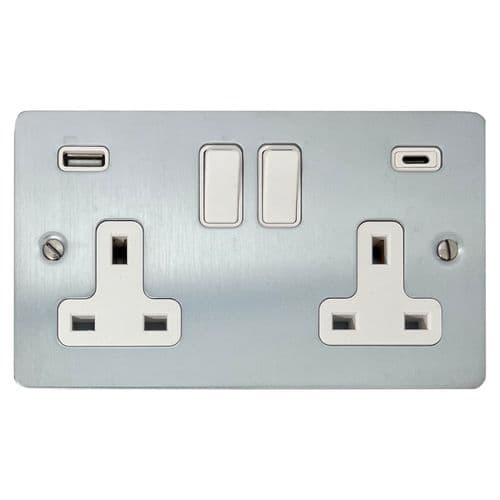 G&H FSC911W Flat Plate Satin Chrome 2 Gang Double 13A Plug Socket 3.1A USB A + C