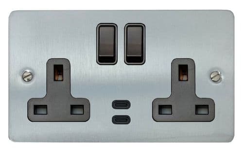 G&H FSC913B Flat Plate Satin Chrome 2 Gang Double 13A Plug Socket Dual 4.2A USB C