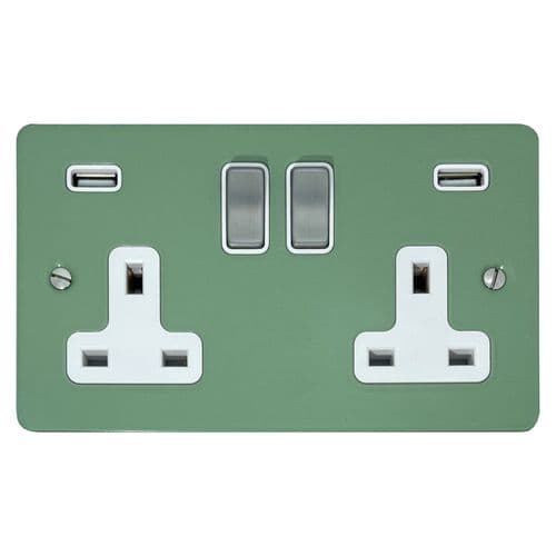 G&H FSG2910-SC Flat Plate Sage Green 2 Gang Double 13A Switched Plug Socket 2.1A USB