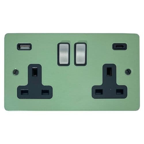 G&H FSG3911-SC Flat Plate Sage Green 2 Gang Double 13A Plug Socket 3.1A USB A + C