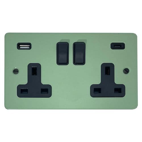 G&H FSG911B Flat Plate Sage Green 2 Gang Double 13A Plug Socket 3.1A USB A + C