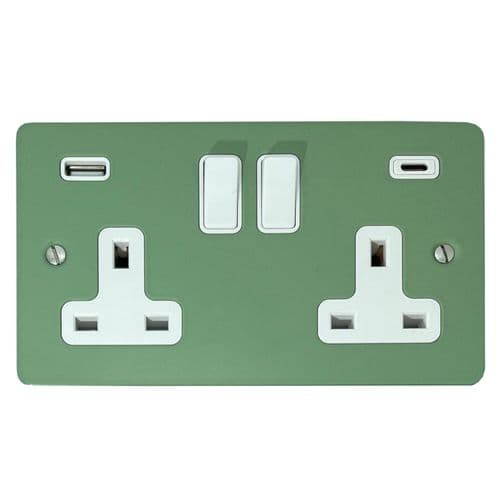 G&H FSG911W Flat Plate Sage Green 2 Gang Double 13A Plug Socket 3.1A USB A + C