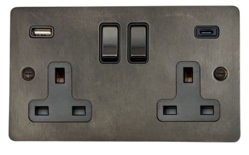 G&H FSL3911 Flat Plate Slate 2 Gang Double 13A Plug Socket 3.1A USB A + C
