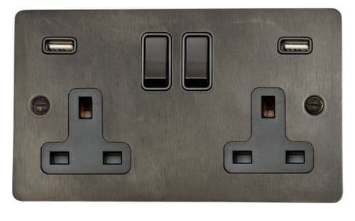 G&H FSL910B Flat Plate Slate 2 Gang Double 13A Switched Plug Socket USB