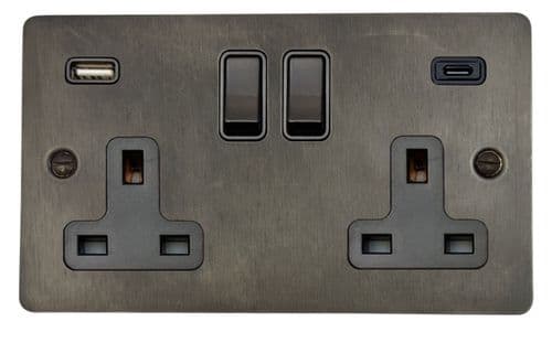 G&H FSL911B Flat Plate Slate 2 Gang Double 13A Plug Socket USB A + C
