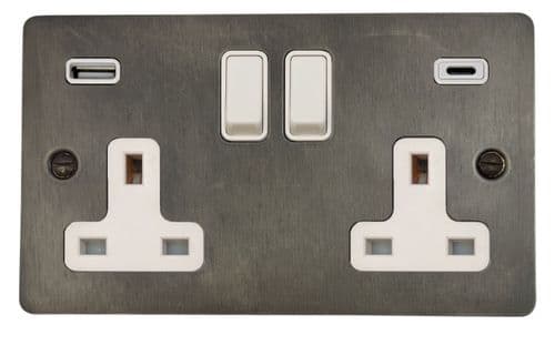 G&H FSL911W Flat Plate Slate 2 Gang Double 13A Plug Socket USB A + C