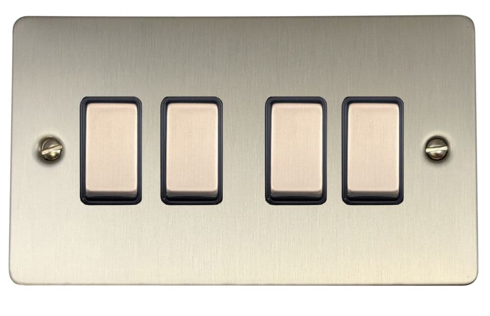 G&H FSS304 Flat Plate Brushed Steel 4 Gang 1 or 2 Way Rocker Light Switch