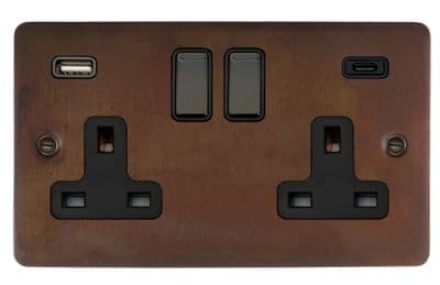 G&H FTC3911 Flat Plate Tarnished Copper 2 Gang Double 13A Plug Socket 3.1A USB A + C