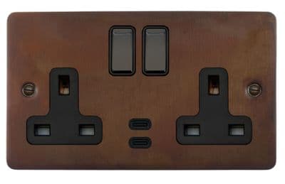G&H FTC3913 Flat Plate Tarnished Copper 2 Gang Double 13A Plug Socket Dual 4.2A USB C
