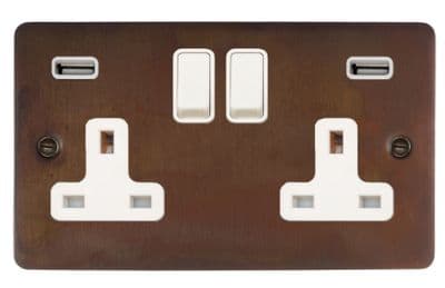 G&H FTC910W Flat Plate Tarnished Copper 2 Gang Double 13A Switched Plug Socket 2.1A USB