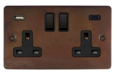 G&H FTC911B Flat Plate Tarnished Copper 2 Gang Double 13A Plug Socket 3.1A USB A + C