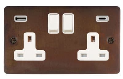G&H FTC911W Flat Plate Tarnished Copper 2 Gang Double 13A Plug Socket 3.1A USB A + C