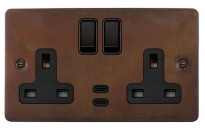 G&H FTC913B Flat Plate Tarnished Copper 2 Gang Double 13A Plug Socket Dual 4.2A USB C