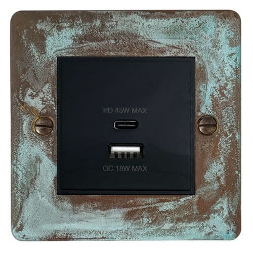 G&H FV43B Flat Plate Verdigris 1 Gang USB Quick Charge 45W Dual USB A + C