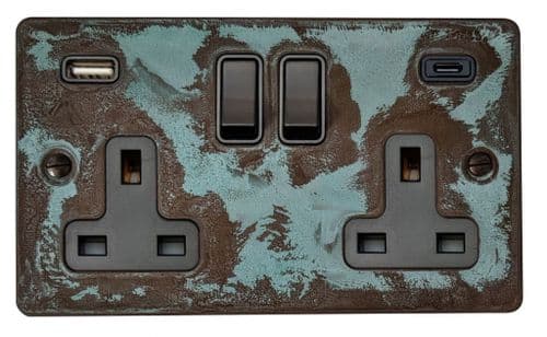 G&H FV911B Flat Plate Verdigris 2 Gang Double 13A Plug Socket 3.1A USB A + C