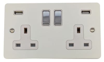 G&H FW2910-PC Flat Plate Matt White 2 Gang Double 13A Switched Plug Socket 2.1A USB