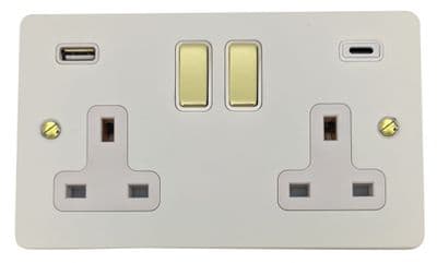 G&H FW2911-PB Flat Plate Matt White 2 Gang Double 13A Plug Socket 3.1A USB A + C