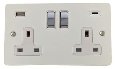 G&H FW2911-PC Flat Plate Matt White 2 Gang Double 13A Plug Socket 3.1A USB A + C