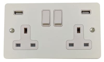 G&H FW910W Flat Plate Matt White 2 Gang Double 13A Switched Plug Socket 2.1A USB