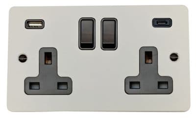 G&H FW911B Flat Plate Matt White 2 Gang Double 13A Plug Socket 3.1A USB A + C