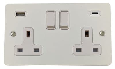G&H FW911W Flat Plate Matt White 2 Gang Double 13A Plug Socket 3.1A USB A + C