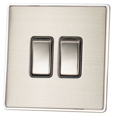 G&H LSS302 Screwless Brushed Steel 2 Gang 1 or 2 Way Rocker Light Switch
