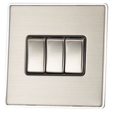 G&H LSS303 Screwless Brushed Steel 3 Gang 1 or 2 Way Rocker Light Switch