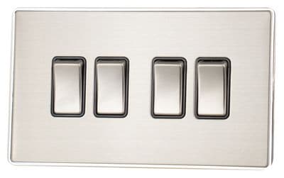 G&H LSS304 Screwless Brushed Steel 4 Gang 1 or 2 Way Rocker Light Switch