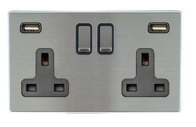 G&H LSS310 Screwless Brushed Steel 2 Gang Double 13A Switched Plug Socket