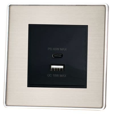 G&H LSS43B Screwless Brushed Steel 1 Gang USB Quick Charge 45W Dual USB A + C