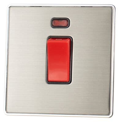 G&H LSS46B Screwless Brushed Steel 45 Amp DP Cooker Switch & Neon Single Plate