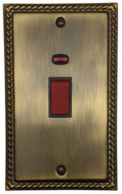 G&H MAB28B  Monarch Roped Antique Brass 45 Amp DP Cooker Switch & Neon Vertical Plate