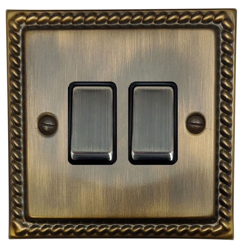 G&H MAB302 Monarch Roped Antique Brass 2 Gang 1 or 2 Way Rocker Light Switch